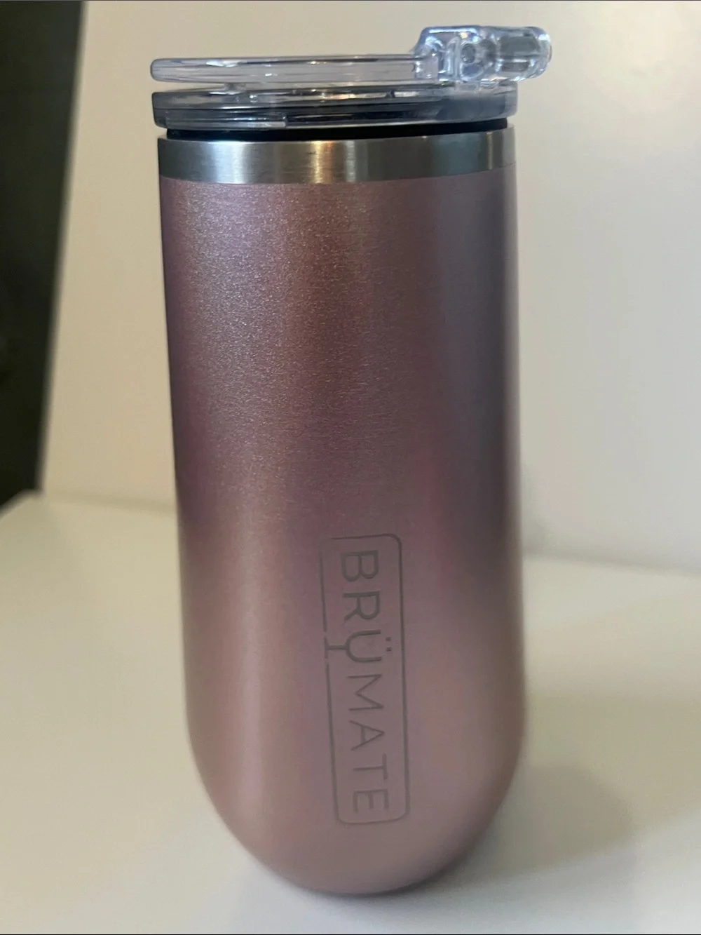 BrüMate Champagne Flute 12oz with Flip-Top Lid Glitter Rose Gold